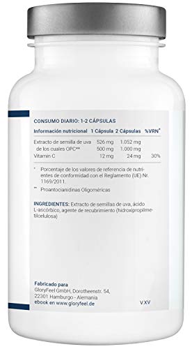 OPC Extracto de semilla de uva + Vitamina C - 1000mg OPC puro de uvas francesas originales por dosis diaria (2 cápsulas)- Producido en Alemania y probado en laboratorio- 180 cápsulas veganas