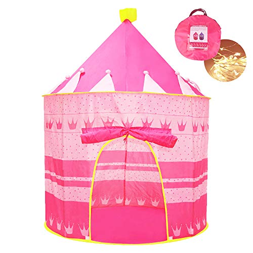 Opret Tienda de Princesa para Niñas Pop Up Carpa Plegable para Niños Carpa Rosa con Bolsa de Transporte y Luz de Cadena para Interiores y Exteriores