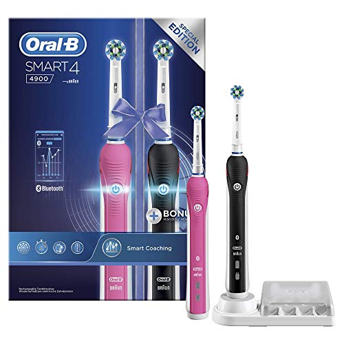 Oral-B Smart 4 4900 CrossAction - Cepillo Eléctrico Recargable con Tecnología de Braun, 2 Mangos: 1 Rosa Y 1 Negro, 3 Modos Incluyendo Blanqueante Y Dientes Sensibles Y 2 Cabezales de Recambio