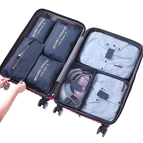 Organizador de Equipaje，LOSMILE 7 en 1 Set Impermeable Organizadores de Viaje para Maletas，3 Cubos de Embalaje +3 Bolsas de Almacenamiento+1 Saco de Zapatos.（Azul Oscuro）
