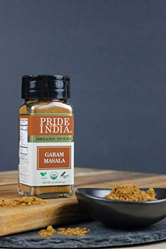 Orgullo de la India: tierra orgánica Garam Masala, tarro de tamiz doble de 2.2 oz (62 gm), especia certificada de mezcla india pura y vegana, condimento perfecto