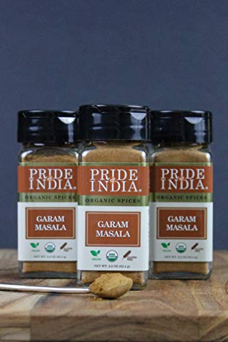Orgullo de la India: tierra orgánica Garam Masala, tarro de tamiz doble de 2.2 oz (62 gm), especia certificada de mezcla india pura y vegana, condimento perfecto