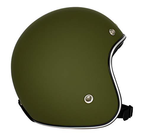 Original Fräulein Irmi Retro Casco de Vespa, casco jet con visera de sol, casco de scooter para mujeres y hombres en elegante aspecto vintage, calidad según la norma ECE, color verde militar.