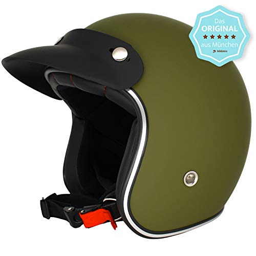 Original Fräulein Irmi Retro Casco de Vespa, casco jet con visera de sol, casco de scooter para mujeres y hombres en elegante aspecto vintage, calidad según la norma ECE, color verde militar.