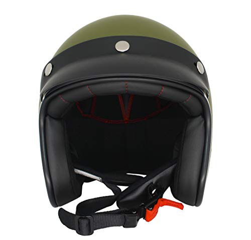 Original Fräulein Irmi Retro Casco de Vespa, casco jet con visera de sol, casco de scooter para mujeres y hombres en elegante aspecto vintage, calidad según la norma ECE, color verde militar.
