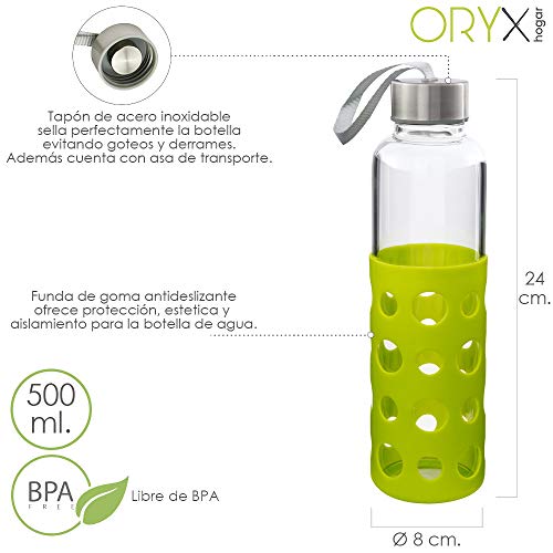 ORYX 5075055 Botella Agua Fabricada En Cristal Con Funda De Goma y Tapon Antigotas, 500ml, Libre de BPA, Plateado
