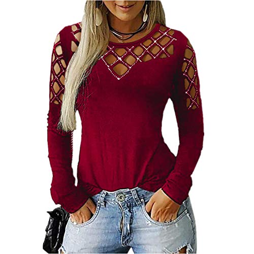 Otoño e Invierno Moda Personalidad de Las Mujeres ahuecada Casual y cómoda Versátil Camiseta de Manga Larga Top Large