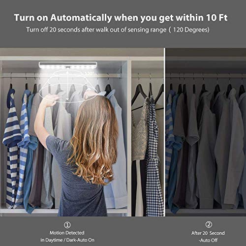 OxyLED Luz del sensor de movimiento,(10 LED 3pcs) Sensor USB recargable Luz del guardarropa,Luz de la noche del armario del LED con Encendido/apagado automático,para gabinete,Espejo de vanidad