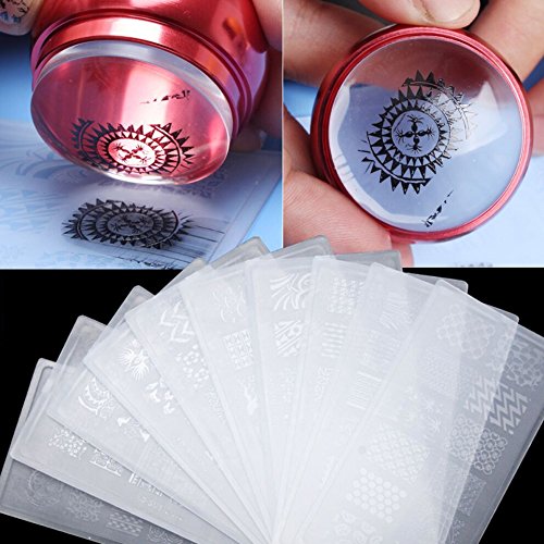 (Pack 10) 8pcs Plantilla Uñas + 1pc Sello Estampado de Uñas + 1pc Raspador Herramienta Estampacion Estampador Diy Decoración Manicura de Uñas (98 Formas)