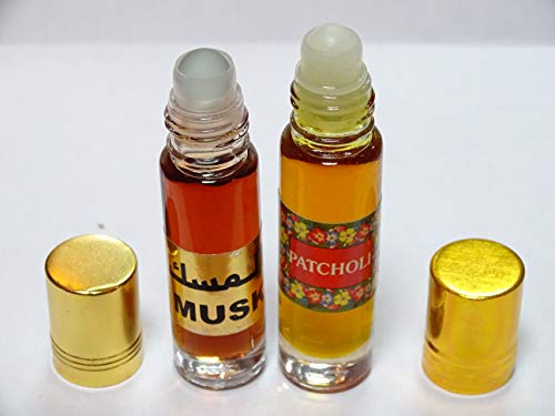Pack 2 botellas de cristal 10 ml/u : 1 Musk + 1 pachuli, aceite perfume roll on sin alcohol