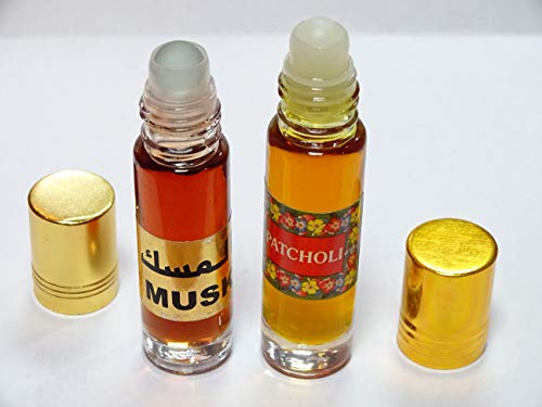 Pack 2 botellas de cristal 10 ml/u : 1 Musk + 1 pachuli, aceite perfume roll on sin alcohol