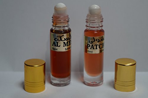 Pack 2 botellas de cristal 10 ml/u : 1 Musk + 1 pachuli, aceite perfume roll on sin alcohol