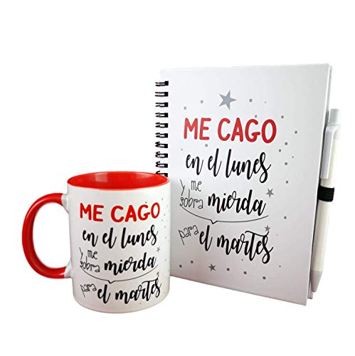 Pack DE LIBRETA Y Taza Frase ME CAGO EN LOS Lunes Y ME SOBRA Mierda para EL Martes Regalo Original