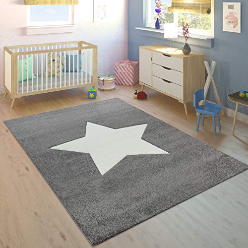 Paco Home Alfombra Habitación Infantil Niño Niña Moderna Gran Estrella En Gris Blanco, tamaño:120x170 cm