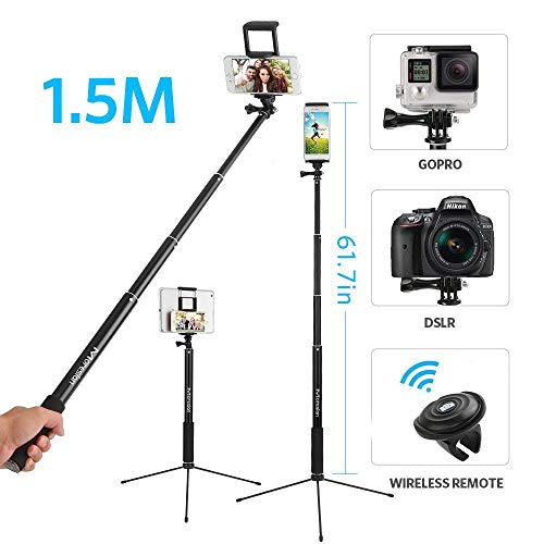 Palo Selfie,3 en 1 Palo Selfie tripode 1.5M Palo Selfie con Bluetooth Control Remoto Selfie Stick Extensible con Rotación de 360° para Gopro/iPhone 11/11 Pro/XS Max/XR/8/8 Plus, Huawei, Xiaomi
