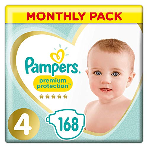 Pampers - Protección Premium - Pañales Tamaño 4 (9-14 kg) - Paquete de 1 mes (168 Pañales)