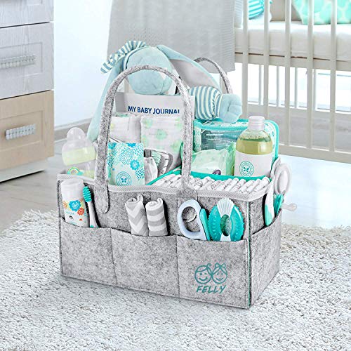 Pañales Organizador, Felly Cesta de almacenamiento para Pañales de Bebé Además trae dos Baberos, cesta de regalo para recién nacido, Multi Bolsillos y Compartimentos Intercambiables