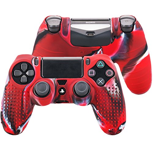 Pandaren® TACHONADO de Silicona Fundas Protectores de Piel Antideslizante para el PS4 Mando x 1 (Camuflaje Rojo) + FPS PRO Thumb Grip Pulgar Agarre x 8