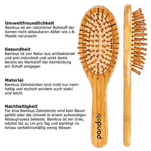 Pandoo cepillo de bambú con cerdas naturales - Vegano, respetuoso del medio ambiente - Cepillo natural con cerdas de bambú para cabello naturalmente bello para hombres, mujeres y niños - desenredante