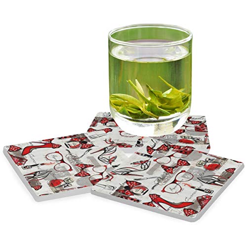 PANILUR Chica Moda Acuarela lápiz Labial Rojo perfumes Tacones Altos en Fondo Vintage，Posavasos de cerámica,Base de cojín para Taza de café