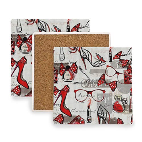 PANILUR Chica Moda Acuarela lápiz Labial Rojo perfumes Tacones Altos en Fondo Vintage，Posavasos de cerámica,Base de cojín para Taza de café