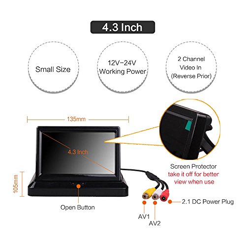 Pantalla de visión trasera con cámara HitCar, tamaño pequeño, color, digital, plegable, HD TFT-LCD, 4,3 pulgadas, ideal para aparcar marcha atrás