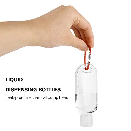 Paquete de 10 botellas de viaje de plástico recargables de 50 ml con mosquetón de llavero, tapas abatibles, botellas vacías transparentes y botella de spray