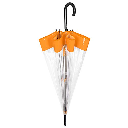 Paraguas Cupula Transparente Mujer Borde Naranja - Paraguas Clásico Burbuja Campana Automatico - Fuerte Resistente al Viento Antiviento Varillas Fibra de Vidrio - 89 cm de Diámetro - Perletti(Naranja)