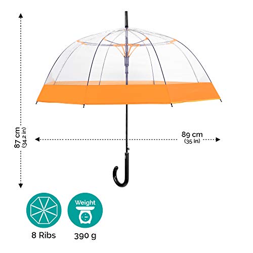 Paraguas Cupula Transparente Mujer Borde Naranja - Paraguas Clásico Burbuja Campana Automatico - Fuerte Resistente al Viento Antiviento Varillas Fibra de Vidrio - 89 cm de Diámetro - Perletti(Naranja)