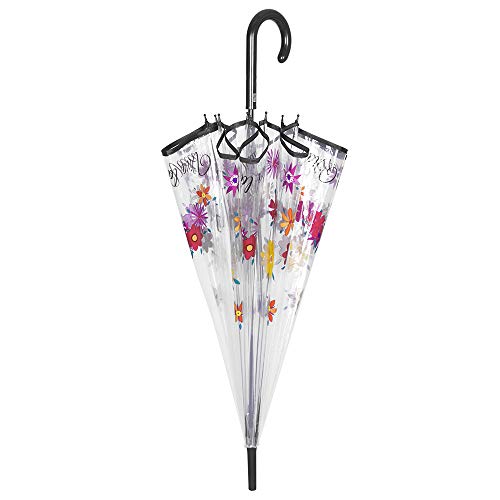 Paraguas Cupula Transparente Mujer Estampado Flores y Frases - Paraguas Largo Clásicos Mango y Ribete Negros - Resistente Antiviento de Fibra de Vidrio - Automatico - Diametro 89 cm - Perletti