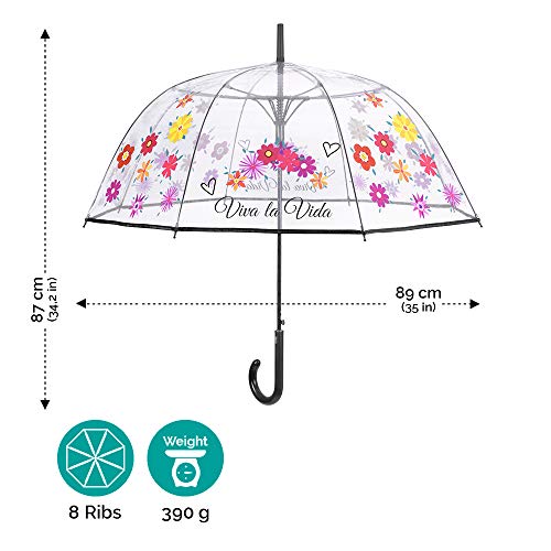 Paraguas Cupula Transparente Mujer Estampado Flores y Frases - Paraguas Largo Clásicos Mango y Ribete Negros - Resistente Antiviento de Fibra de Vidrio - Automatico - Diametro 89 cm - Perletti