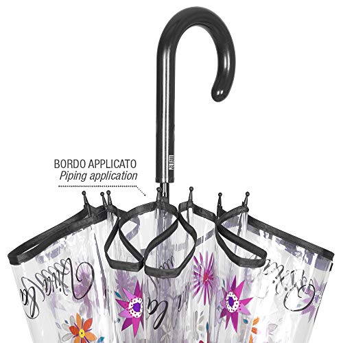 Paraguas Cupula Transparente Mujer Estampado Flores y Frases - Paraguas Largo Clásicos Mango y Ribete Negros - Resistente Antiviento de Fibra de Vidrio - Automatico - Diametro 89 cm - Perletti
