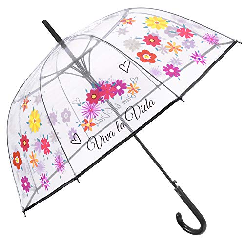 Paraguas Cupula Transparente Mujer Estampado Flores y Frases - Paraguas Largo Clásicos Mango y Ribete Negros - Resistente Antiviento de Fibra de Vidrio - Automatico - Diametro 89 cm - Perletti