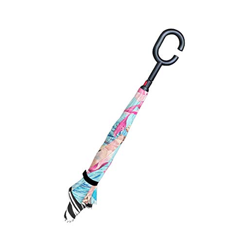 Paraguas invertido de doble capa con forma de C plegable y cráneo y magnoli paraguas a prueba de viento para la lluvia del coche al aire libre con mango en forma de C