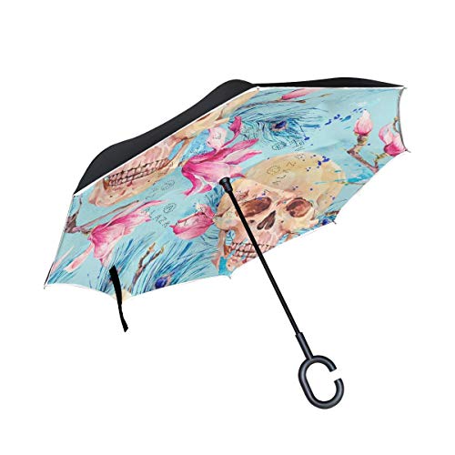 Paraguas invertido de doble capa con forma de C plegable y cráneo y magnoli paraguas a prueba de viento para la lluvia del coche al aire libre con mango en forma de C