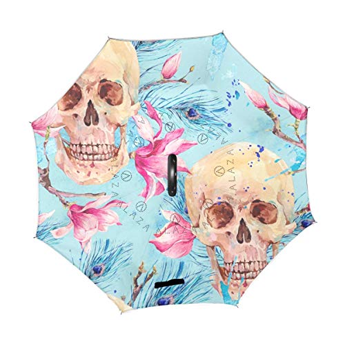 Paraguas invertido de doble capa con forma de C plegable y cráneo y magnoli paraguas a prueba de viento para la lluvia del coche al aire libre con mango en forma de C