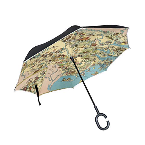 Paraguas invertidos de doble capa invertidos Patrón de dibujos animados del estado de Carolina del Norte Plegado a prueba de viento Protección UV Gran recto para automóvil con manija en forma de C