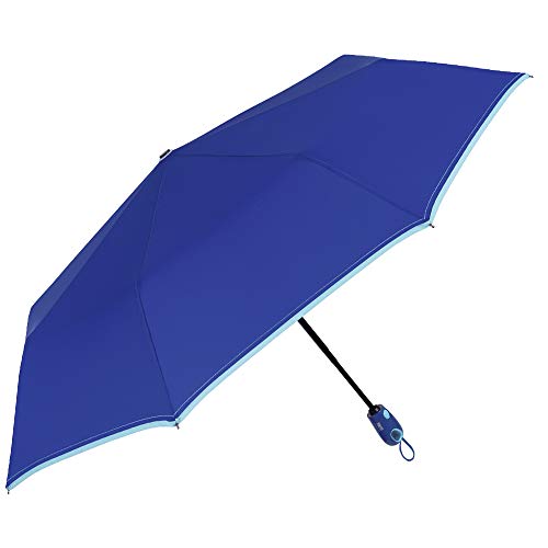 Paraguas Plegable Compacto Mujer Azul Liso Abre y Cierra Automático - Paraguas Mini Pequeño Portátil De Viaje Bolso Antiviento Resistente con Varillas Fibra de Vidrio y Ribete PERLETTI (Azul)