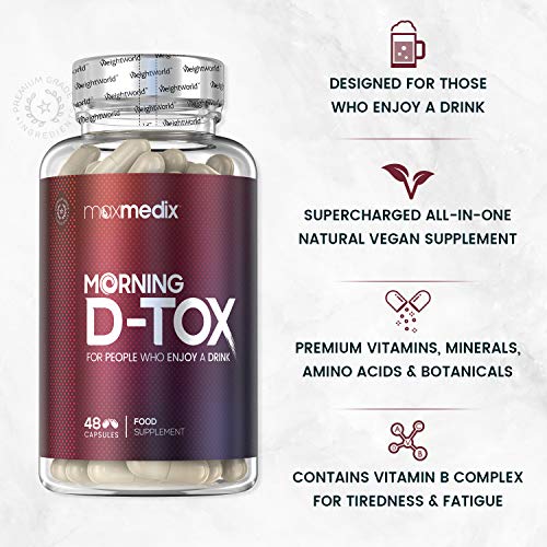 Pastillas para la resaca Morning D-Tox - Complejo Vitamínico con Antioxidantes, Reduce y Previene Síntomas De La Resaca, Aporta Energía, Desintoxicación del Hígado, Evita Nausea, 48 Cápsulas