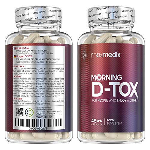 Pastillas para la resaca Morning D-Tox - Complejo Vitamínico con Antioxidantes, Reduce y Previene Síntomas De La Resaca, Aporta Energía, Desintoxicación del Hígado, Evita Nausea, 48 Cápsulas