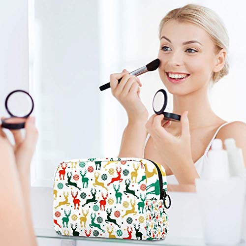 Patrón de Navidad con rein-ciervos y copos de nieve bolsas de maquillaje portátiles bolsa de cosméticos impresa, bolsa de cosméticos para mujeres bolsa de cosméticos de viaje