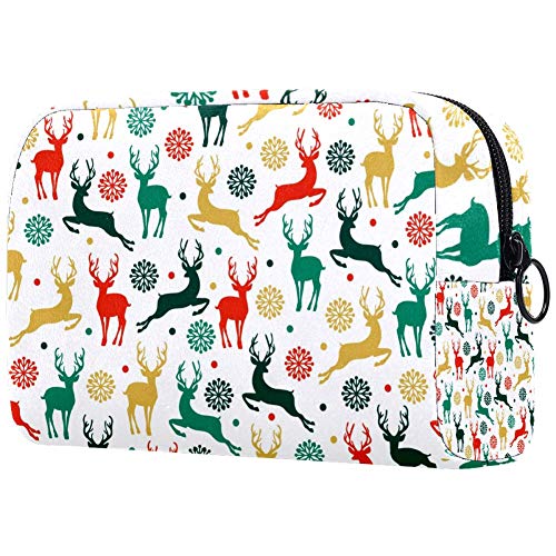 Patrón de Navidad con rein-ciervos y copos de nieve bolsas de maquillaje portátiles bolsa de cosméticos impresa, bolsa de cosméticos para mujeres bolsa de cosméticos de viaje