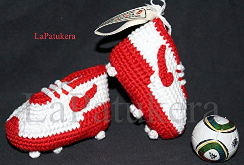 Patucos de fútbol para bebé de crochet, Unisex. Estilo Nike, 100% algodón, tallas de 0 hasta 12 meses, hechos a mano en España. Elige los colores de tu equipo favorito. Regalo para bebé.
