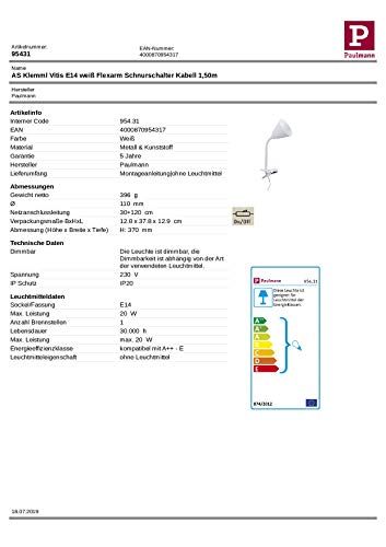 Paulmann 95431 Vitis-Flexo con Brazo Flexible Redondo Lámpara con Interruptor de Cuerda (20 W, Metal, plástico E14), Color Blanco