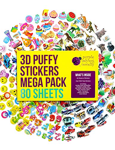 Pegatinas en Relieve 3D para Niños de Purple Ladybug - Gran Lote de 80 Hojas Todas Diferentes y más de 2000 Stickers - Calcomanías de Animales, Letras, Números, Emoji, Estrellas y Mucho Más
