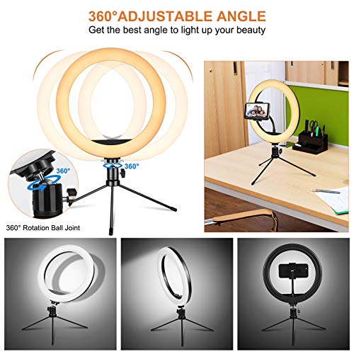 PEHESHE Luz de Anillo LED 10" fotográfica de Escritorio, 3 Colores 10 Brillos Regulables Control Remoto, Trípode con Soporte Giratorio de teléfono para Selfie, Maquillaje, Youtube, TIK Tok
