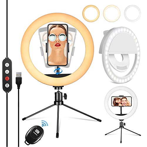 PEHESHE Luz de Anillo LED 10" fotográfica de Escritorio, 3 Colores 10 Brillos Regulables Control Remoto, Trípode con Soporte Giratorio de teléfono para Selfie, Maquillaje, Youtube, TIK Tok