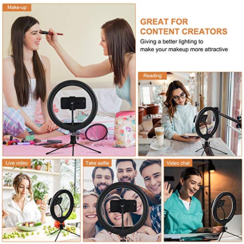 PEHESHE Luz de Anillo LED 10" fotográfica de Escritorio, 3 Colores 10 Brillos Regulables Control Remoto, Trípode con Soporte Giratorio de teléfono para Selfie, Maquillaje, Youtube, TIK Tok