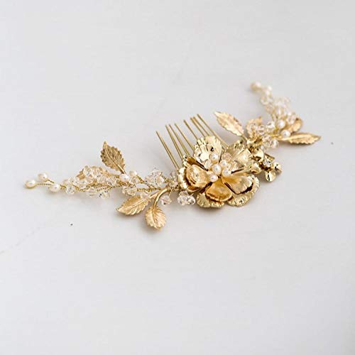 Peine dorado floral perlas de agua dulce, joyería de boda hecha a mano, accesorios para novia, accesorio para la cabeza de graduación para mujer Color oro amarillo claro.