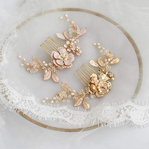 Peine dorado floral perlas de agua dulce, joyería de boda hecha a mano, accesorios para novia, accesorio para la cabeza de graduación para mujer Color oro amarillo claro.